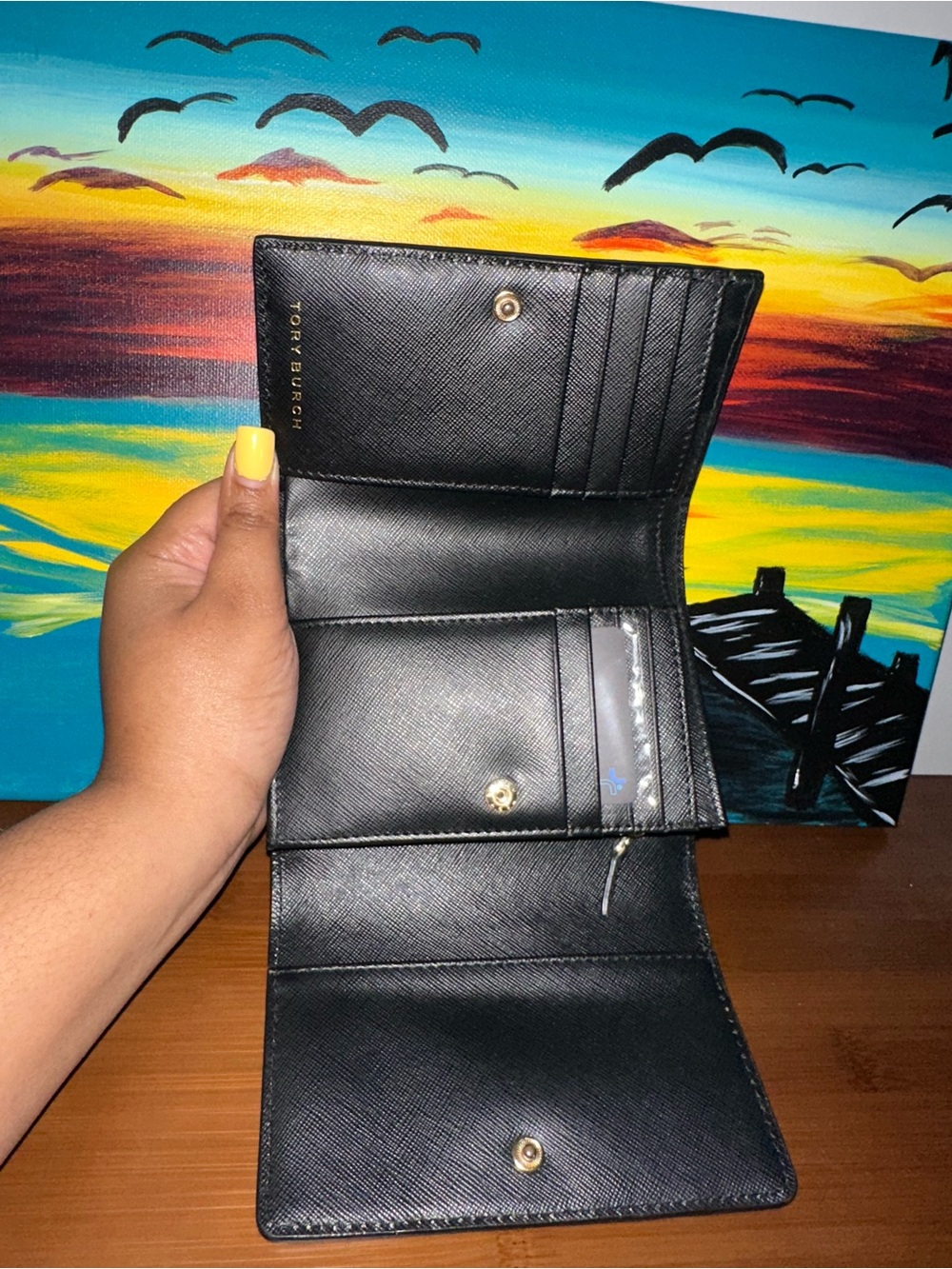 Tory Burch Black Saffiano Leather Logo Compact Wallet - Picture 5 of 10